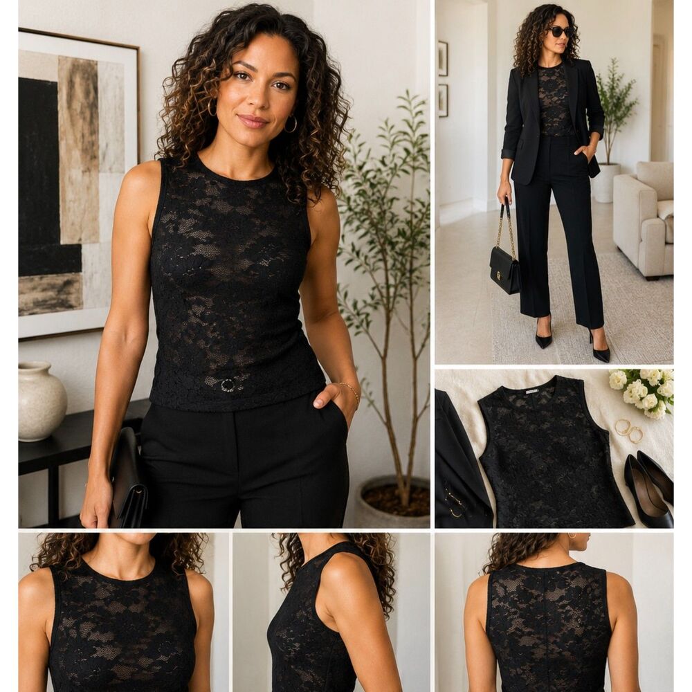 Theory Black Floral Lace Sleeveless Shell Top Medium Sheer Stretch Career Party